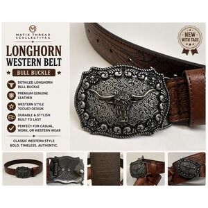 Matix Thread Collective Western Belt Mens 34 Brown Longhorn Bull Buckle‎